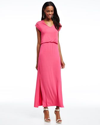 Neiman Marcus Lace Yoke Maxi Dress