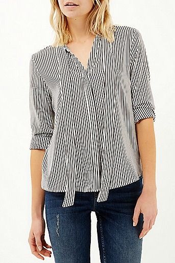 River Island Blue Stripe Tie Neck Blouse