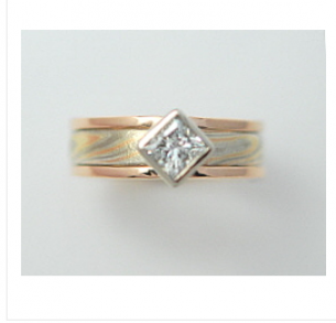 Tri Color Mokume Gane Wedding Set With Gold Ring Guard