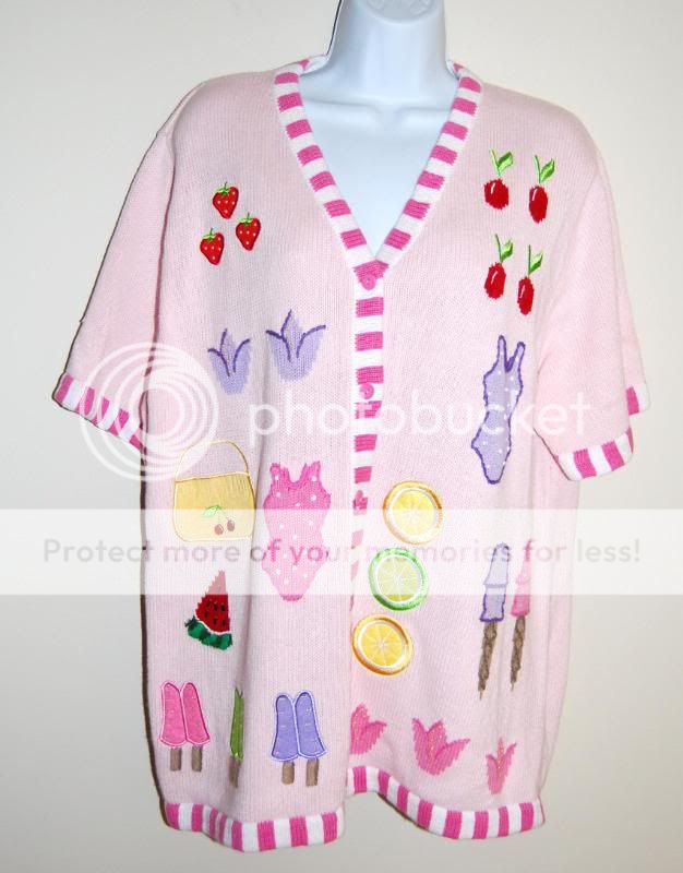   FACTORY Pink Cherries Fruit Ice Cream Summer Fun Cardigan Sweater L