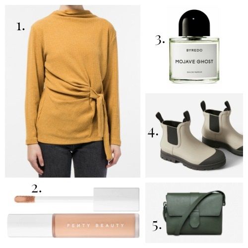 Minimarket Sweater - Fenty Beauty Concealer - Byredo Perfum - Everlane Rain Boots - Sandqvist Handbag